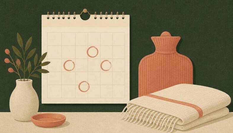 Illustration of a wall calendar with a few days circled, beside a hot water bottle and a folded shawl