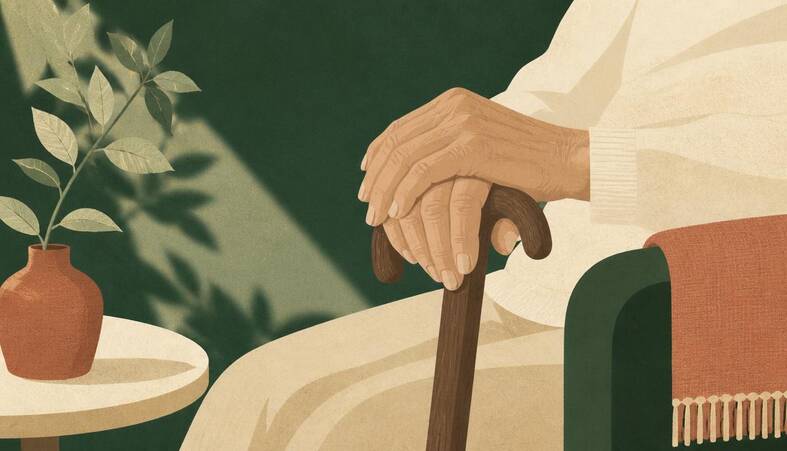 Illustration of an older person's hands resting on a walking stick in morning light
