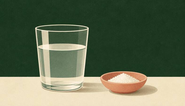 Illustration of a glass of water beside a small dish of salt