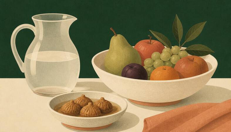 Illustration of a jug of water, a bowl of fruit and a dish of soaked figs on a table