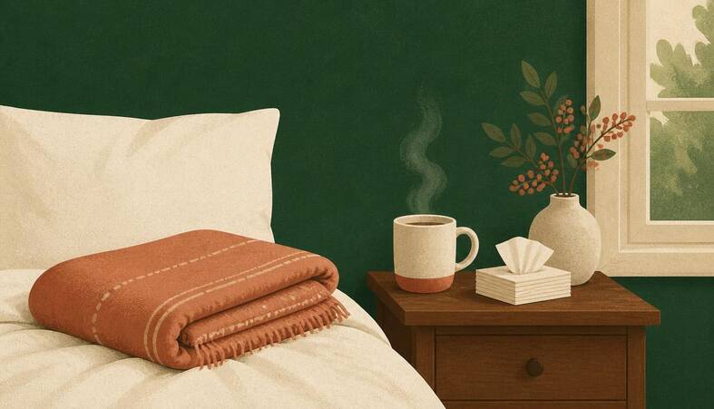 Illustration of a folded blanket on a bed with a warm cup and tissues on the bedside table