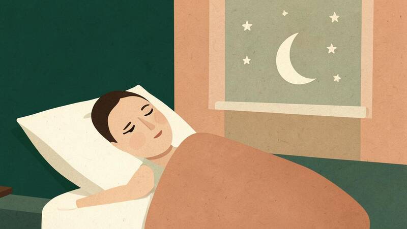 Illustration of a person in bed at night with a moon in the window