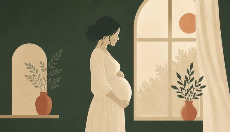 Illustration of a pregnant woman standing by a window with a hand resting on her belly
