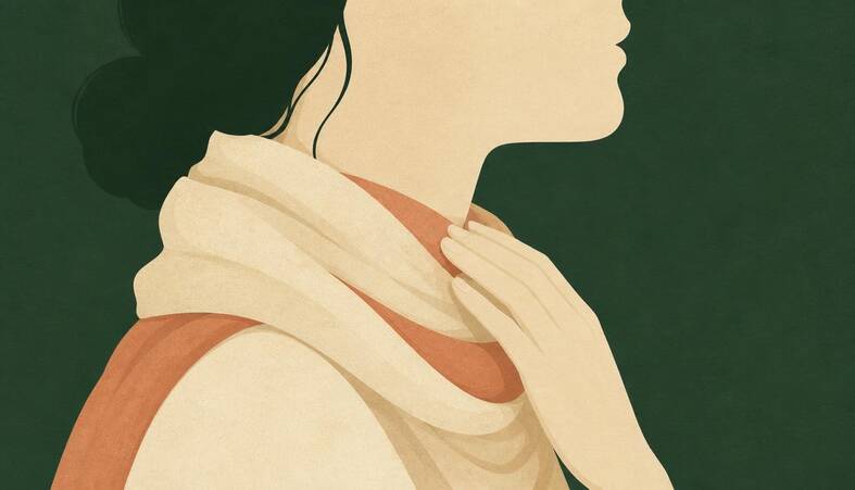 Illustration of a person with a scarf around the throat, one hand resting at the neck