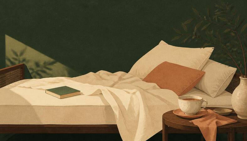 Illustration of an unmade daybed in afternoon light with a book left face down