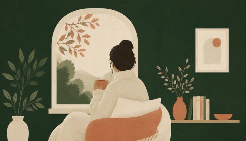 Illustration of a person sitting quietly by a window with a cup of tea