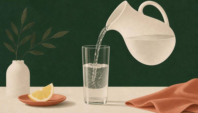 Illustration of water being poured from a jug into a tall glass