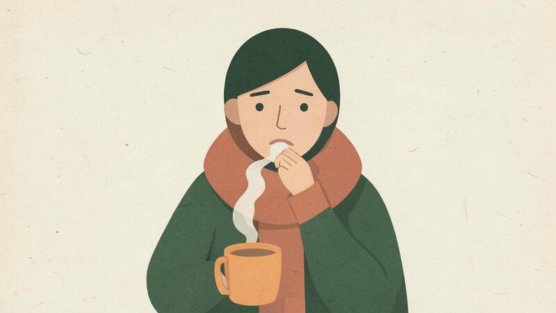 Illustration of a person in a scarf holding a warm cup and coughing