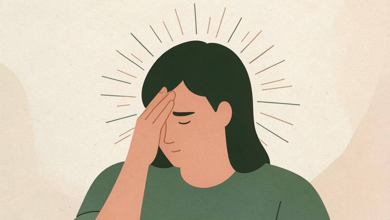 Illustration of a person pressing fingertips to their temple with a headache