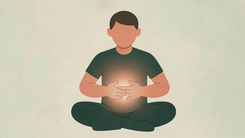 Illustration of a seated person resting both hands on their stomach