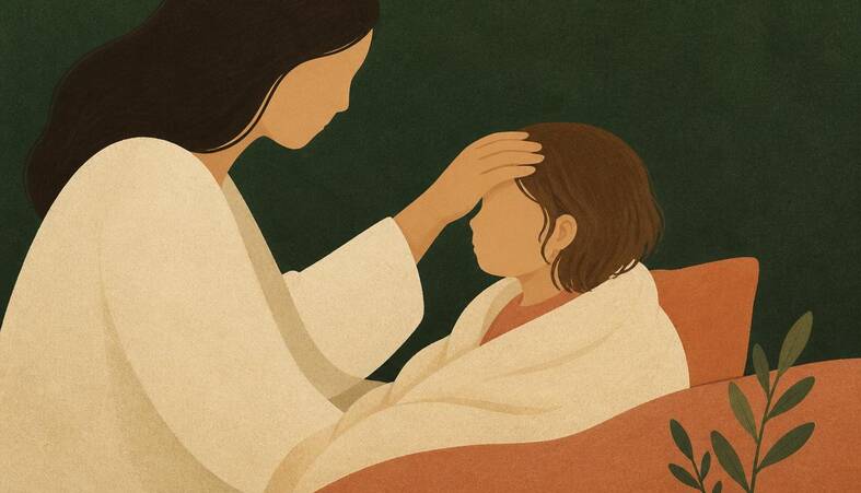 Illustration of a parent resting a hand on a child's forehead as the child sits wrapped in a blanket