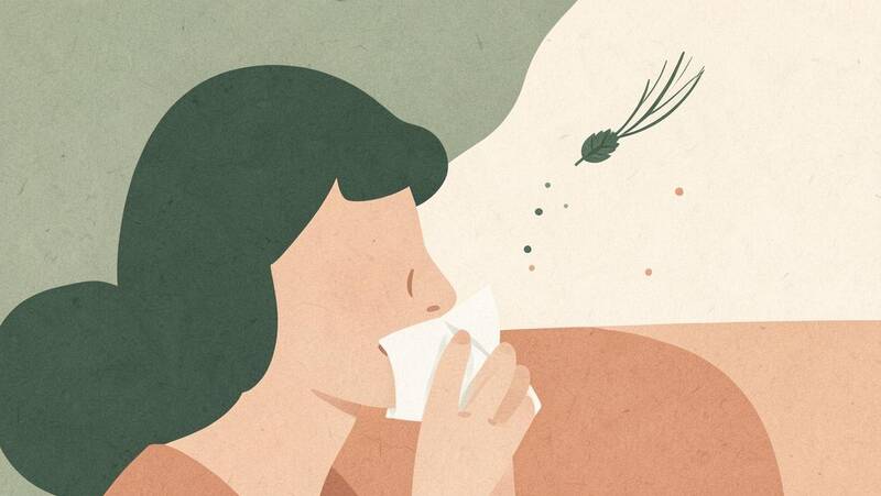 Illustration of a person sneezing into a tissue with pollen in the air